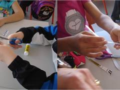 Os alunos cortam algumas embalagens tetrapak em tirinhas para fazer a ornamentação do coração (ornamentação que imitará a filigrana portuguesa em prata).