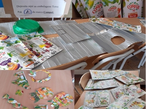 Embalagens recolhidas e material reutilizado do trabalho "Melhores ideias dão frutos a brincar ao Carnaval".