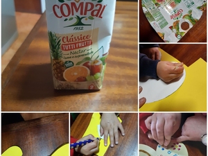 Materiais utilizados (embalagens tetrapack, cartolina, lã, tinta, cola) e fases de elaboração do coração pelo aluno com o apoio da mãe.