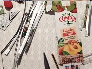 Material utilizado: Uma embalagem da Compal Tetra Pak, cola, tesoura e tintas.