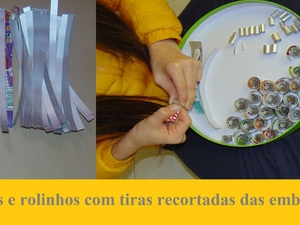 Moldagem de rosas e rolinhos com tiras recortadas das embalagens da compal
