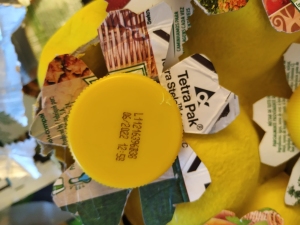 Detalhe da flor onde é visível o selo da Tetra Pack.